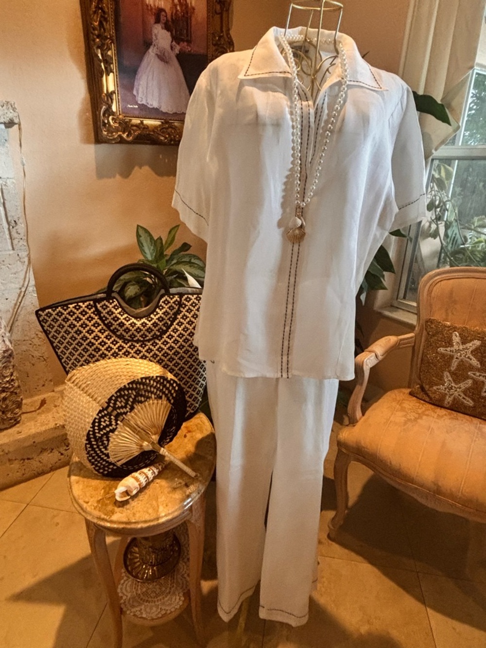 Giorgiana by Naji Linen Set XL White Resort Coastal Wide Leg Outfit - Picture 2 of 12
